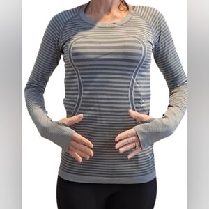 EUC Lululemon Athletica SWIFTLY Long Sleeve Top Black Gray Striped Size 8 L/S